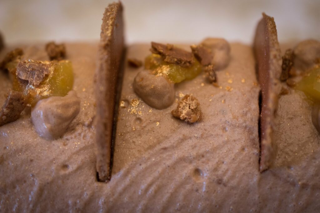 bûche chocolat au lait, fruits de la passion et mangue